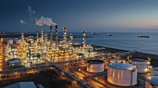 Aerial cinematic panorama of an industrial oil refinery at twilight warm glowing lights outline towering processing towers dense pipelines and massive storage tanks while cool blue gray tones of sea a