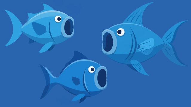 Blue Cartoon Fish Swimming Together.