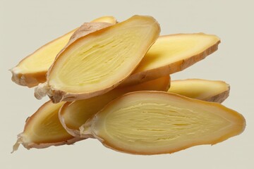 Sliced fresh ginger root on beige background sliced ginger