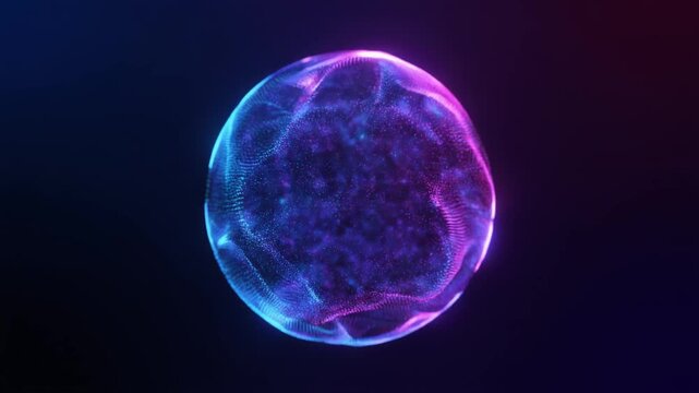 Abstract blue purple particle sphere radiating energy with futuristic scientific digital visualization style