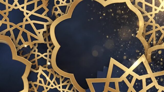 Intricate gold arabesque patterns on dark blue background with golden bokeh lights