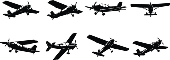 A collection of airplane silhouettes flying in various directions against a white background silhouette