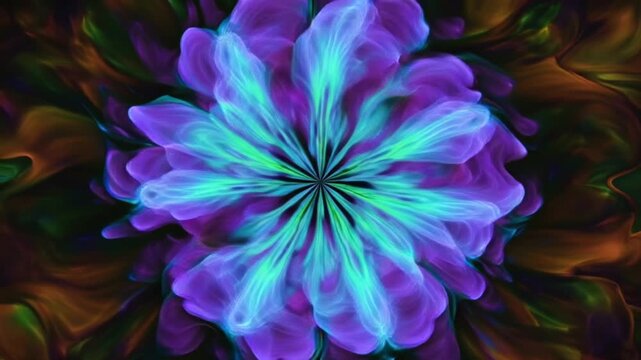 4K cinematic video, UV-reactive inks dropped dark liquid, glowing vibrant neon colors, symmetric flower shapes forming dissolving, slow motion, mesmerizing fluid dynamics, high contrast black ethereal