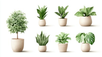 Fototapeta premium Collection of seven diverse potted houseplants arranged on a clean white background