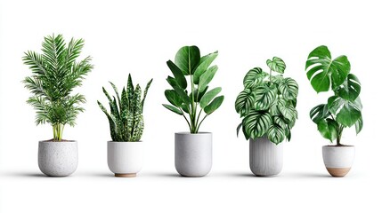 Fototapeta premium Collection of five potted houseplants with lush green foliage displayed against a white background