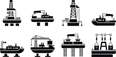 Offshore Oil Rig and Drilling Platform Silhouette Icon Set vector illustration