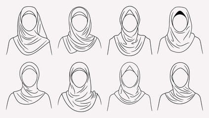 Muslim Woman Hijab Avatar Set Line Art Vector Illustration