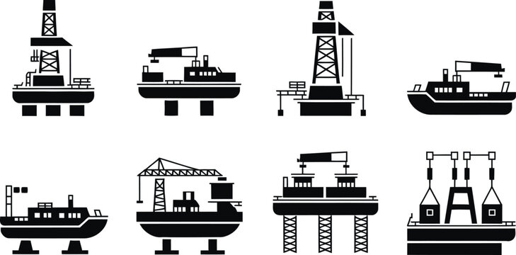 Offshore Oil Rig and Drilling Platform Silhouette Icon Set vector illustration