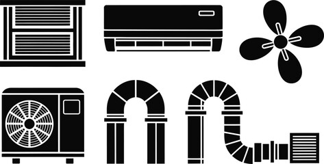 Air conditioner, HVAC and ventilation system silhouette icon set, vector illustration