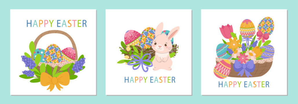 collection postcard Vibrant Easter vector illustration featuring a basket of decorated eggs with flowers and a cute bunny. Perfect for Easter-themed designs, greeting cards, and festive decorations.