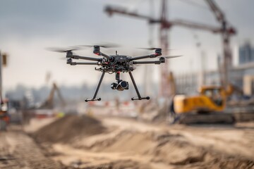 Industrial drone flying over a smart construction site with 3D scanning lasers