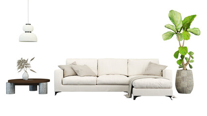 Interior furniture set 3D render. Living room house floor template minimal cozy mockup design , isolated on transparent background