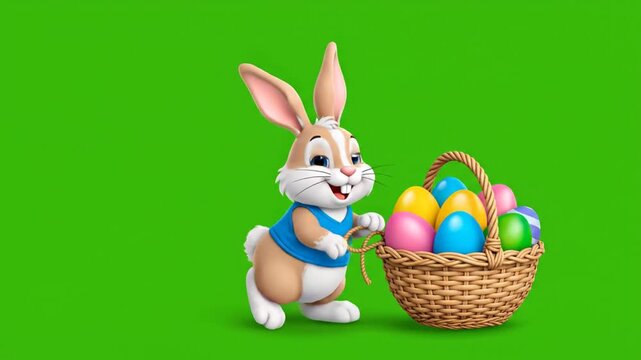 Animated cartoon of a cheerful rabbit pulling a basket filled with colorful Easter eggs walking on a green screen background.
