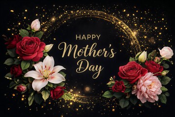 Happy Mother&rsquo;s Day Luxury Floral Greeting Card with Golden Sparkle Frame on Black Background