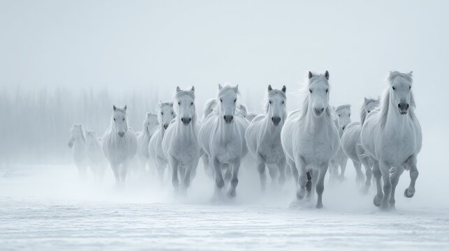 A dynamic herd of powerful white horses running with freedom and speed through a snowy winter forest landscape.