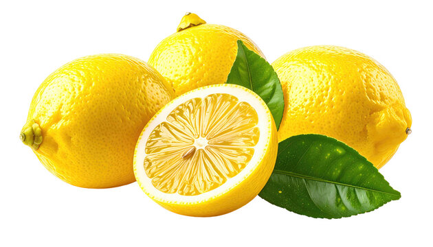 Close-up of four lemons, one cut in half, showcasing juicy interior and vibrant yellow peel, with fresh green leaves