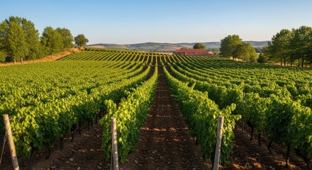 Fototapeta premium Sunlit vineyard with lush green grapevines at dusk.