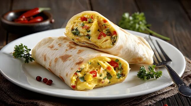 A delectable breakfast, a pair of filled, golden-brown tortilla wraps rest on a white plate. One is cut open revealing a bright filling