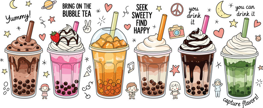 Cute Bubble Tea and Dessert Drink Vector Illustration Set with Colorful Boba Cups, Whipped Cream, Fruits, and Hand Drawn Doodle Elements