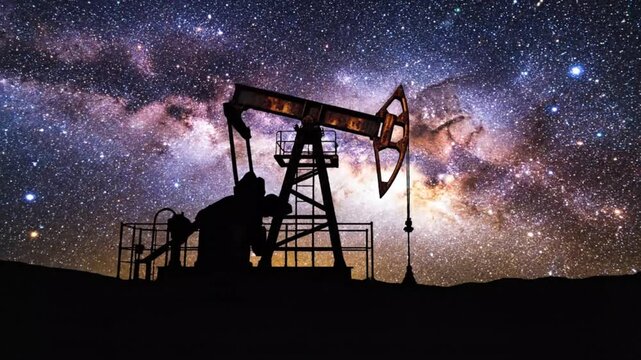 Atmospheric night footage capturing an old oil pump silhouetted beneath a vast cosmic sky rust textures and mechanical shapes fade into darkness while luminous stars and galactic patterns dominate abo