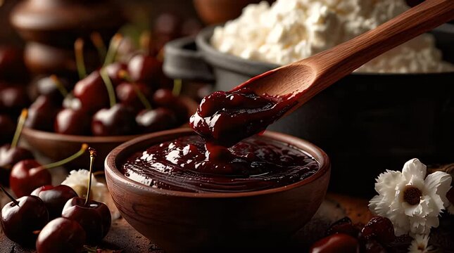 Close-up of a wooden spoon dipping into a bowl of cherry sauce, with fresh cherries, cottage cheese, and a flower