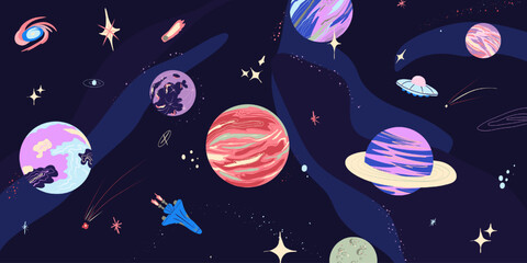 Colorful Space Illustration with Planets and Stars