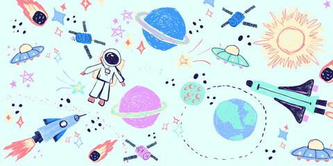 Hand Drawn Space Doodles with Rockets and Planets