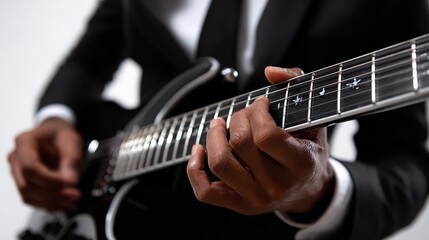 Fototapeta premium Guitarist hands and guitar close up. playing electric guitar. copy spaces. black and white.