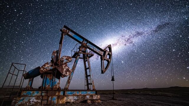 Cinematic night scene showing an old rusty oil pump standing alone under a vast star filled sky the weathered metal structure with faded blue paint appears as a dark silhouette swirling stars and a br