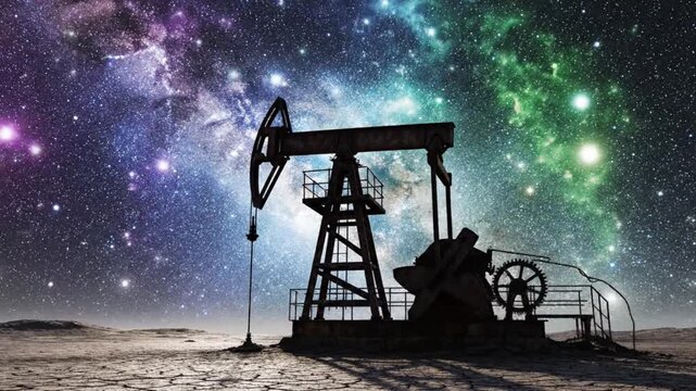 Realistic cinematic night footage showing a weather beaten oil pump beneath a brilliant star filled sky rusted steel textures and faded paint appear in silhouette while glowing galactic light adds emo