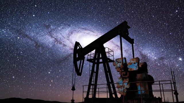 Moody cinematic view of a vintage oil pump silhouetted against a swirling night sky filled with countless stars faded blue metal surfaces and rust textures are barely visible in the darkness while the