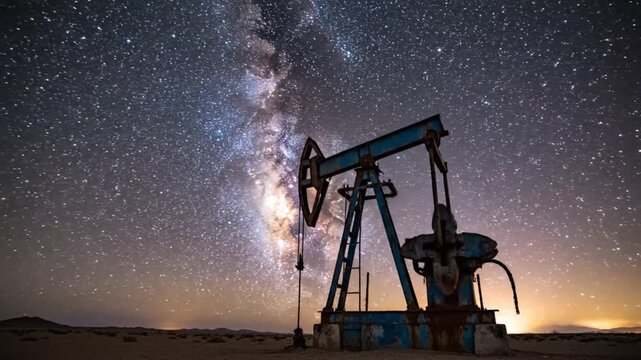 Photographic style night footage focusing on an aged oil pump standing in darkness its rusted blue structure framed by a luminous star filled sky the milky band of stars curves above emphasizing scale