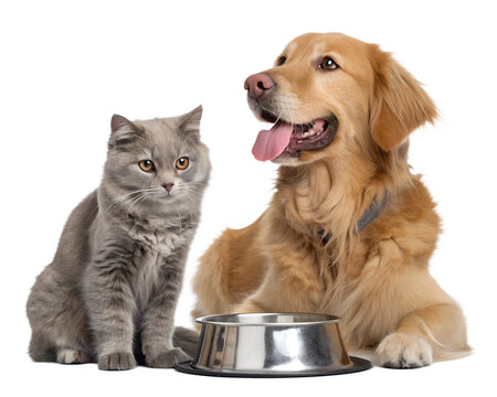 Cute Kitten and Dog Eating Together in Studio on White Background 8K