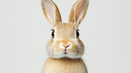 Obraz premium A cute brown bunny rabbit with big ears and adorable face poses sweetly for a close up studio portrait against a plain neutral background that highlights detail.