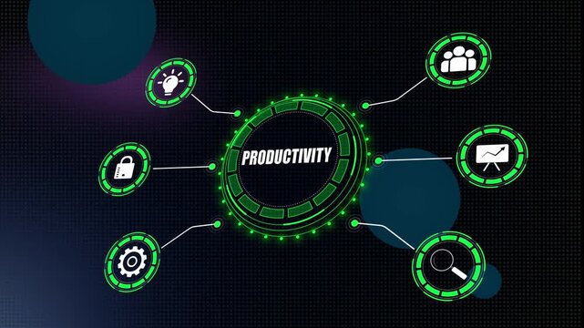 Productivity concept for business efficiency and workplace time management videos showing a blue hud interface with icons for high performance results