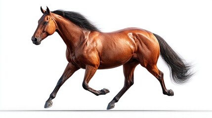 Obraz premium Majestic brown horse galloping with flowing mane and tail against a clean white background