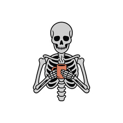 Skeleton holding a hot cup of coffee steaming.