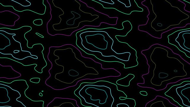 Abstract topographic map lines, seamless looping background with neon colors