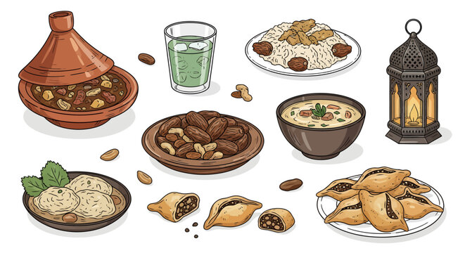 Hand drawn illustration of traditional Middle Eastern food for Iftar, including Tagine, dates, soup, and Arabic pastries on white background
