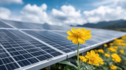 Solar panels in a field of yellow flowers under a cloudy blue sky