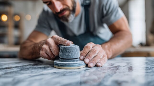 Man sanding a marble surface with a power sander in a workshop.