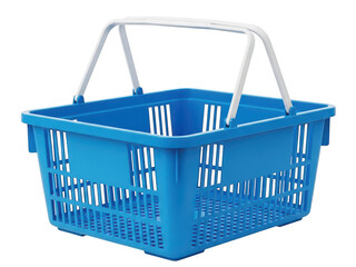 Fototapeta premium Bright blue empty plastic shopping basket with white handles, ready for grocery purchases or general retail use