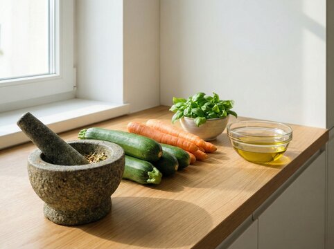 Fresh Cooking Ingredients with Vegetables Herbs and Olive Oil on Kitchen Counter