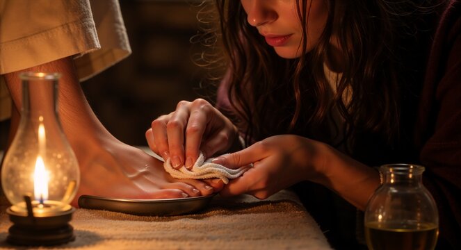 A woman tenderly washing a foot. The scene is illuminated by the soft glow of a nearby oil lamp, enhancing the sense of intimacy and reverence