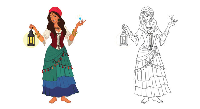 A beautiful cartoon gypsy woman holding a lantern, shown in full color and as a black and white line art for a coloring book.