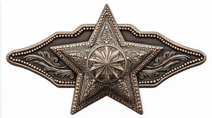 Intricate antique bronze star emblem with ornate swirling filigree details