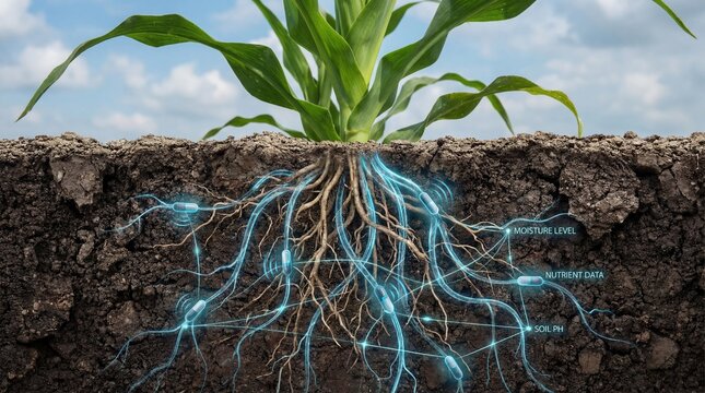 Digital illustration showing corn plant roots in soil with glowing data points for moisture and nutrients