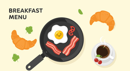 Fototapeta premium A cute and charming breakfast menu illustration with a fried egg, bacon, croissants, and coffee on a light yellow background.