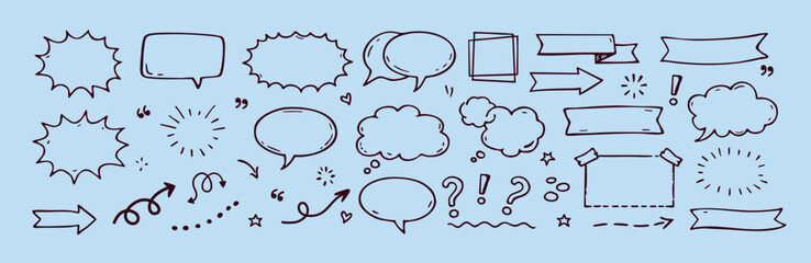 Naklejka premium Hand drawn doodle speech bubbles, banners, arrows and decorative elements set. Sketch cartoon callouts and symbols for comics, social media, notes, presentations and creative design.