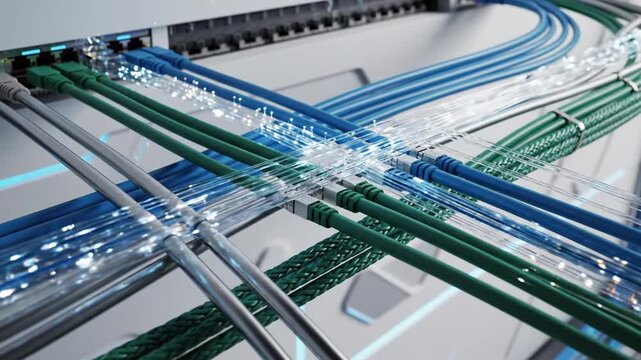 Close-up of organized cable management system with various colored cables and wires neatly arranged in a data center or server room with blurred background